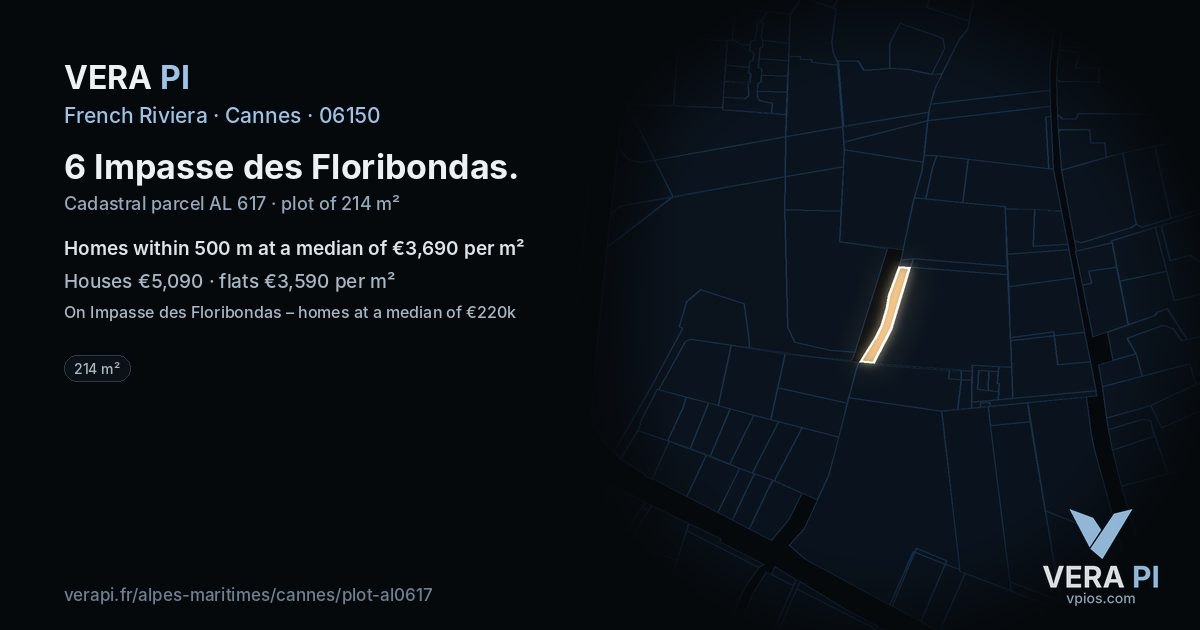 6 Impasse des Floribondas, Cannes at night – the plot lit, the parcels around coloured by the prices near them