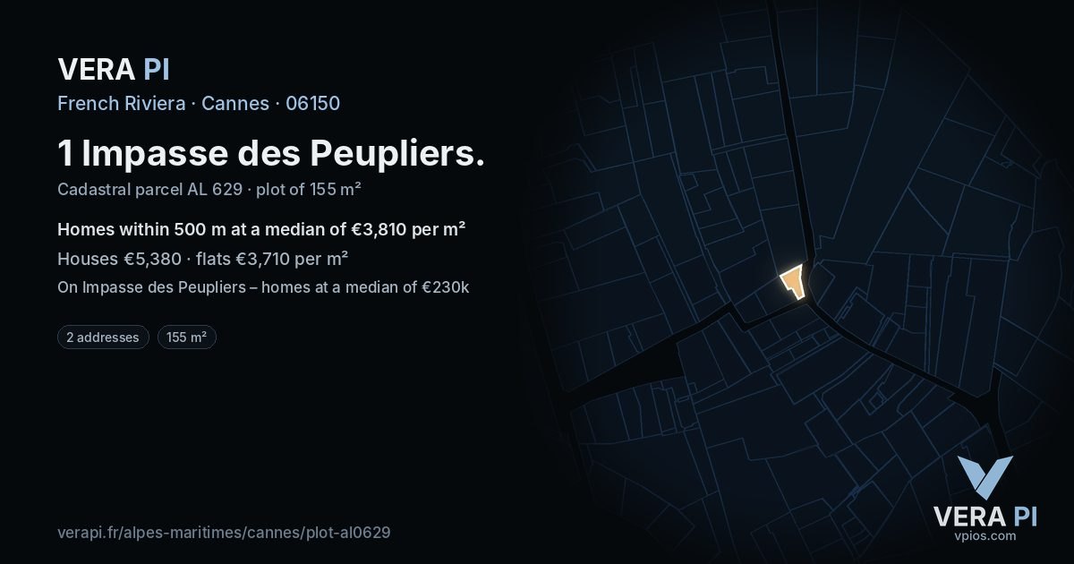 1 Impasse des Peupliers, Cannes at night – the plot lit, the parcels around coloured by the prices near them