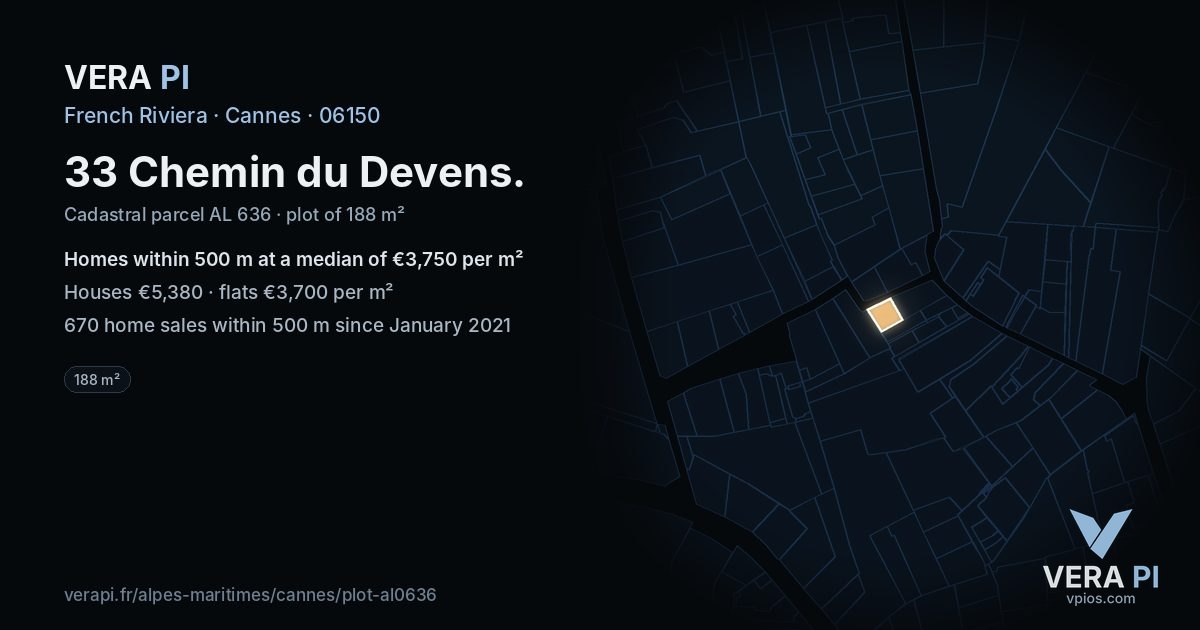 33 Chemin du Devens, Cannes at night – the plot lit, the parcels around coloured by the prices near them