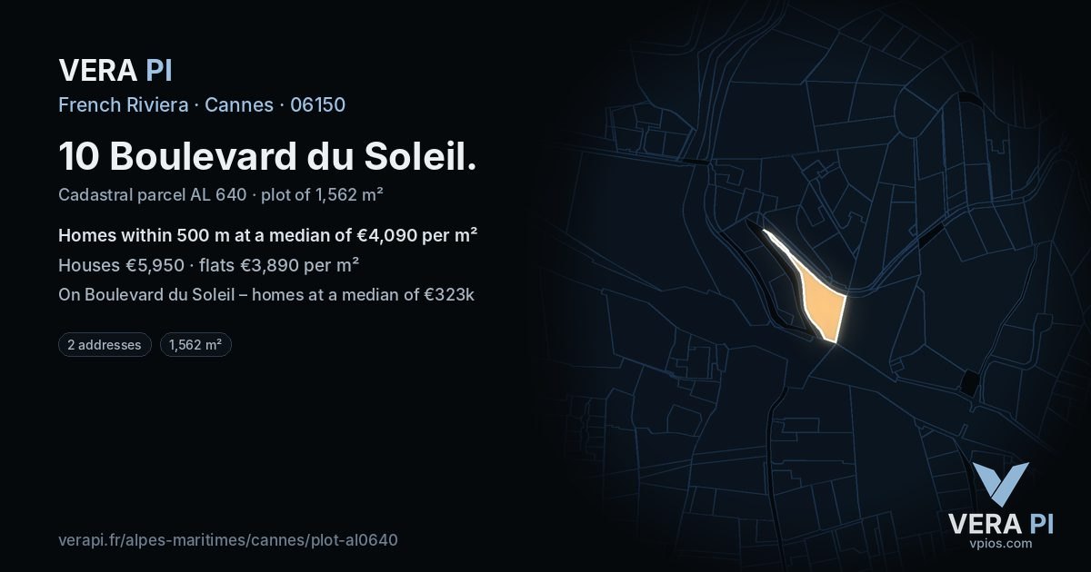 10 Boulevard du Soleil, Cannes at night – the plot lit, the parcels around coloured by the prices near them