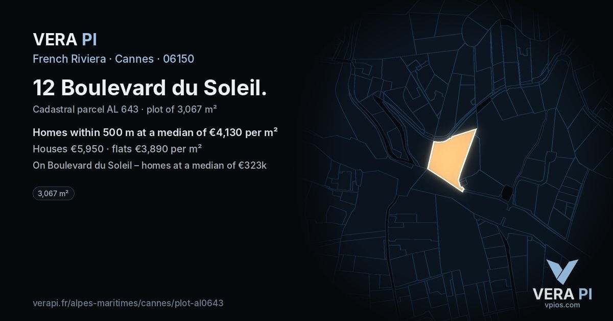 12 Boulevard du Soleil, Cannes at night – the plot lit, the parcels around coloured by the prices near them
