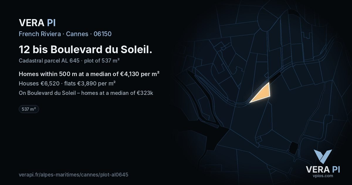 12 bis Boulevard du Soleil, Cannes at night – the plot lit, the parcels around coloured by the prices near them