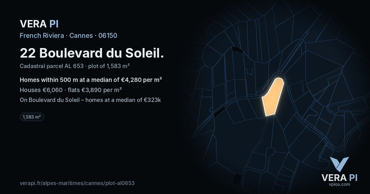 22 Boulevard du Soleil, Cannes at night – the plot lit, the parcels around coloured by the prices near them