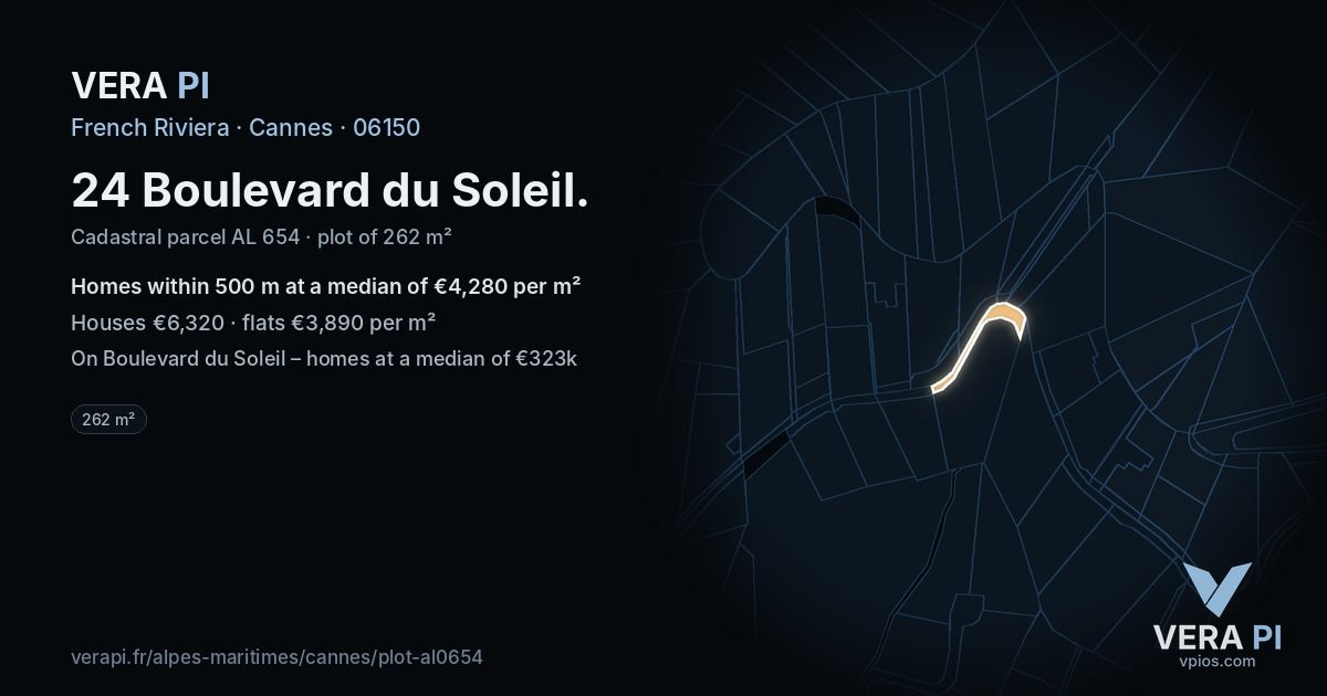 24 Boulevard du Soleil, Cannes at night – the plot lit, the parcels around coloured by the prices near them