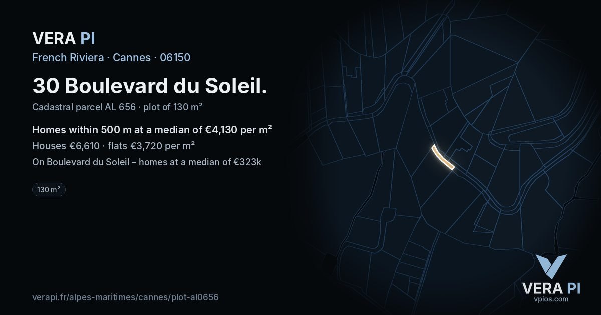 30 Boulevard du Soleil, Cannes at night – the plot lit, the parcels around coloured by the prices near them