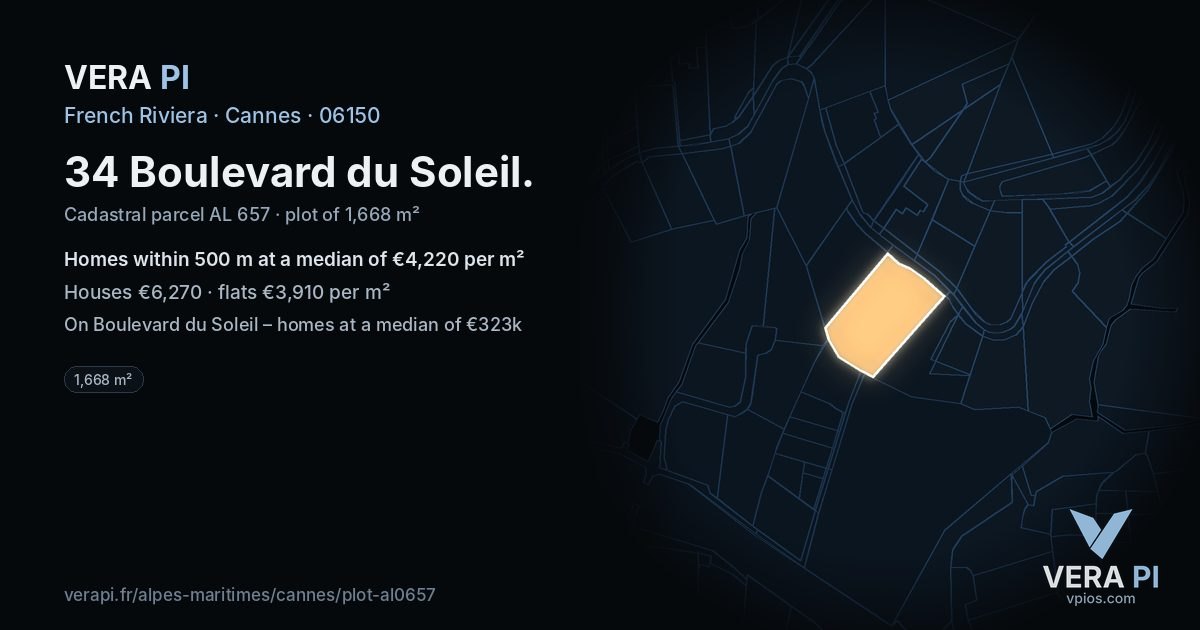 34 Boulevard du Soleil, Cannes at night – the plot lit, the parcels around coloured by the prices near them
