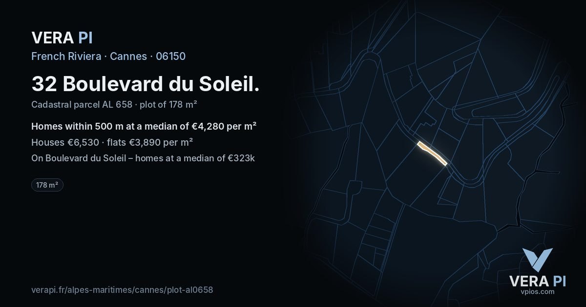 32 Boulevard du Soleil, Cannes at night – the plot lit, the parcels around coloured by the prices near them