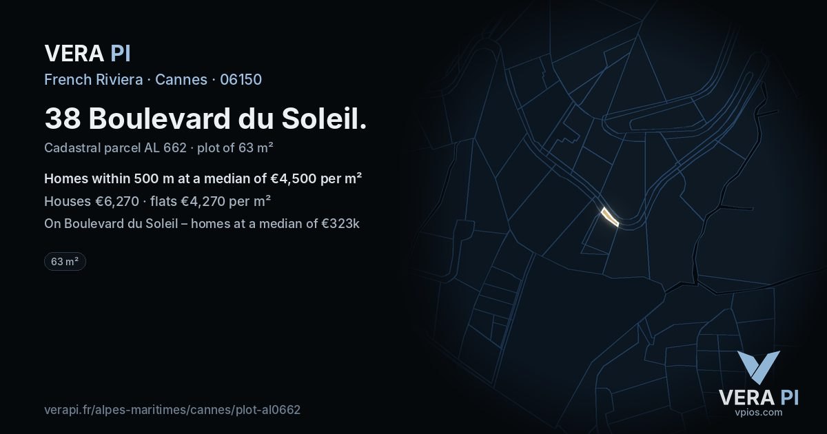 38 Boulevard du Soleil, Cannes at night – the plot lit, the parcels around coloured by the prices near them