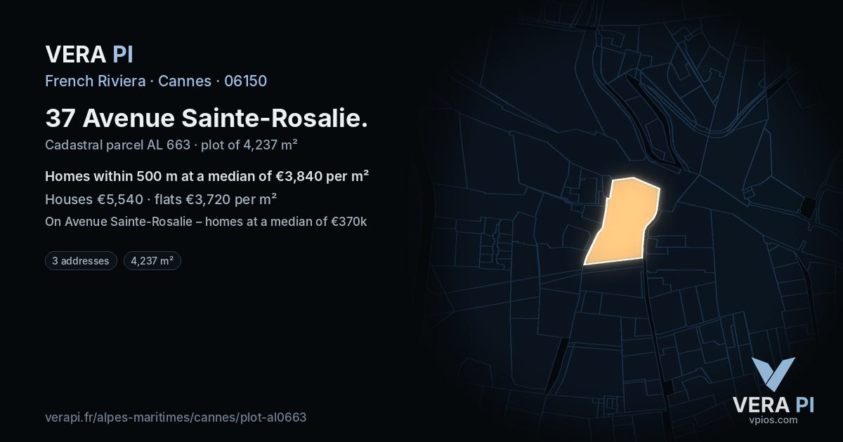 37 Avenue Sainte-Rosalie, Cannes at night – the plot lit, the parcels around coloured by the prices near them