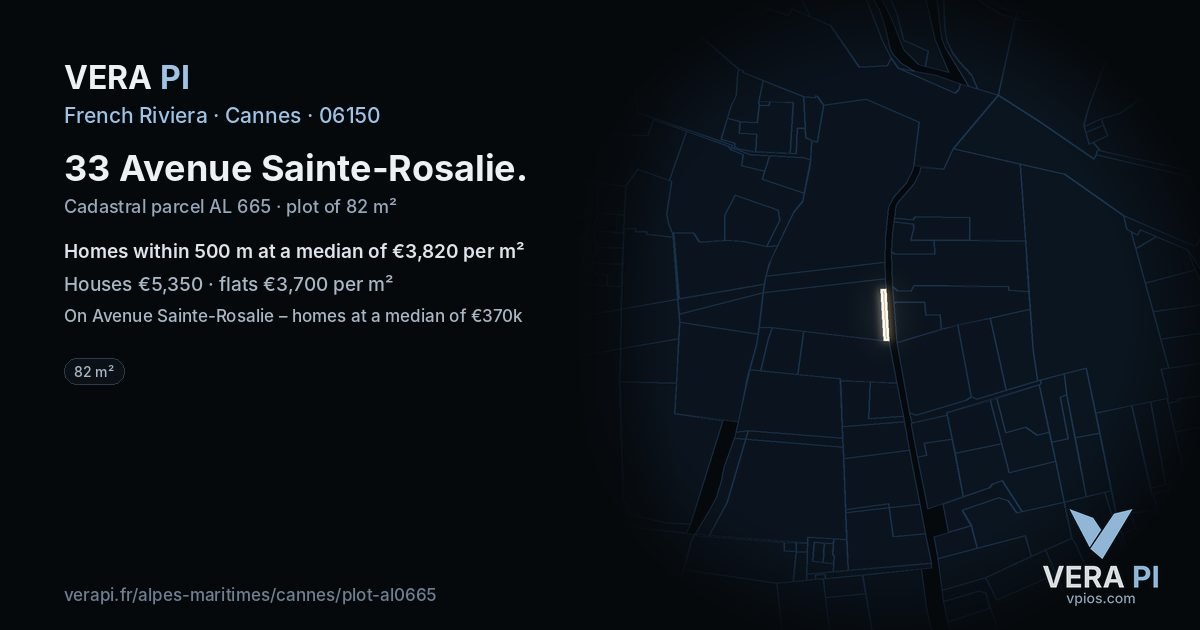33 Avenue Sainte-Rosalie, Cannes at night – the plot lit, the parcels around coloured by the prices near them