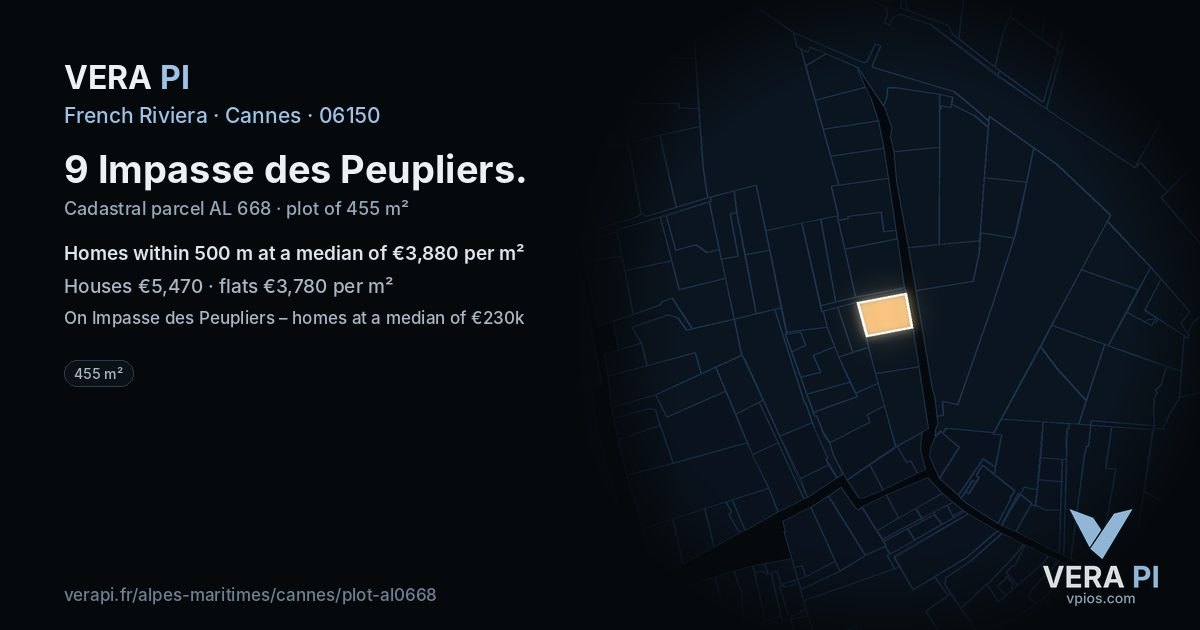 9 Impasse des Peupliers, Cannes at night – the plot lit, the parcels around coloured by the prices near them
