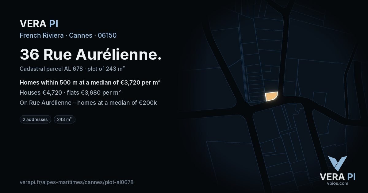 36 Rue Aurélienne, Cannes at night – the plot lit, the parcels around coloured by the prices near them