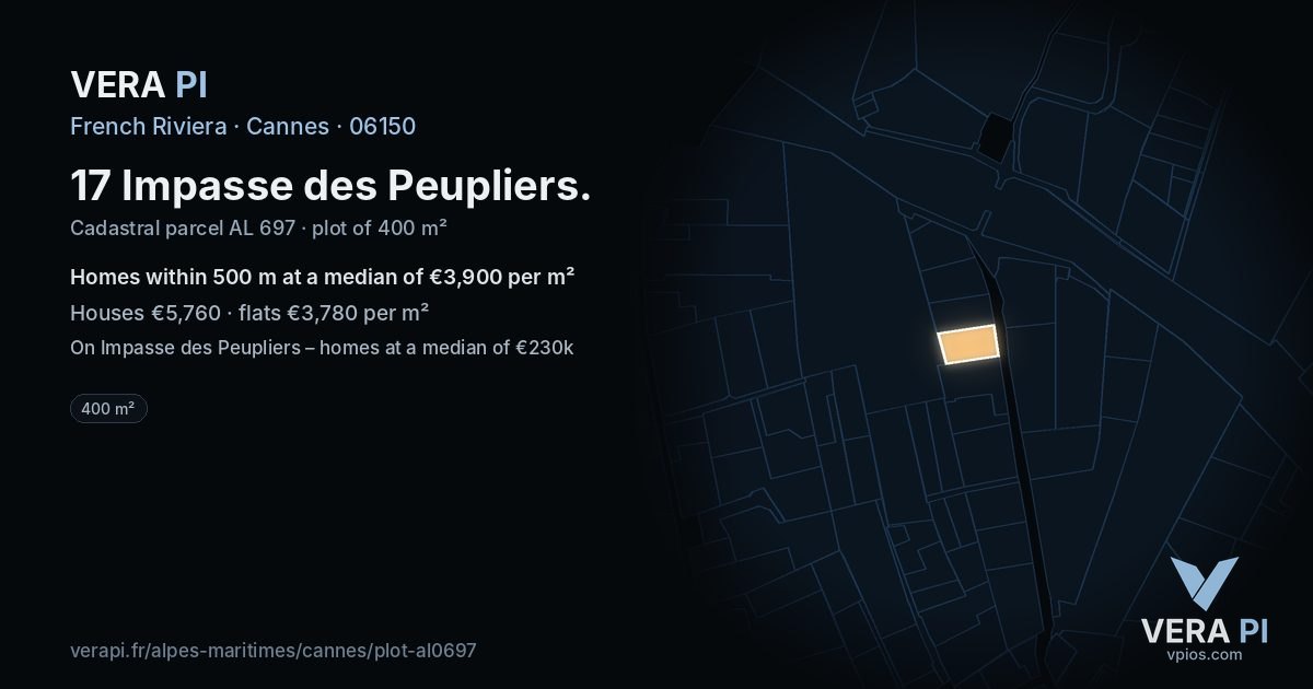 17 Impasse des Peupliers, Cannes at night – the plot lit, the parcels around coloured by the prices near them