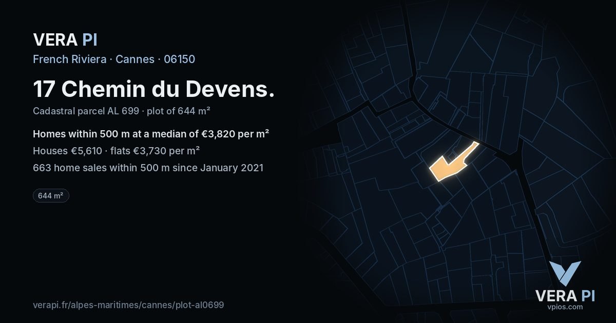 17 Chemin du Devens, Cannes at night – the plot lit, the parcels around coloured by the prices near them