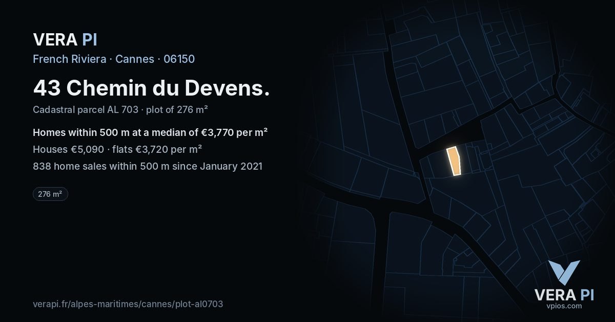 43 Chemin du Devens, Cannes at night – the plot lit, the parcels around coloured by the prices near them