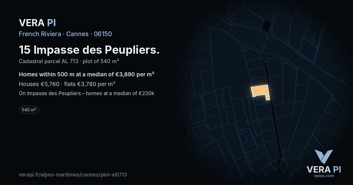15 Impasse des Peupliers, Cannes at night – the plot lit, the parcels around coloured by the prices near them