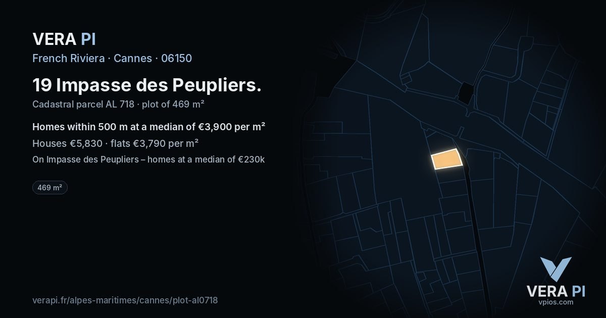 19 Impasse des Peupliers, Cannes at night – the plot lit, the parcels around coloured by the prices near them