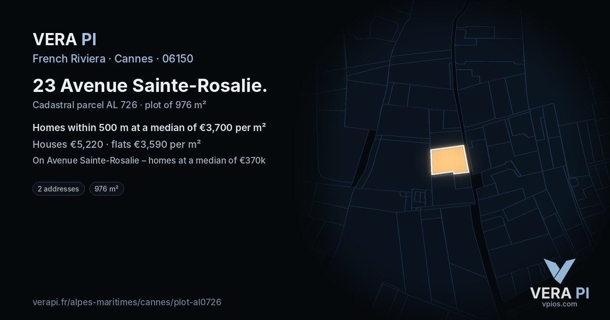 23 Avenue Sainte-Rosalie, Cannes at night – the plot lit, the parcels around coloured by the prices near them