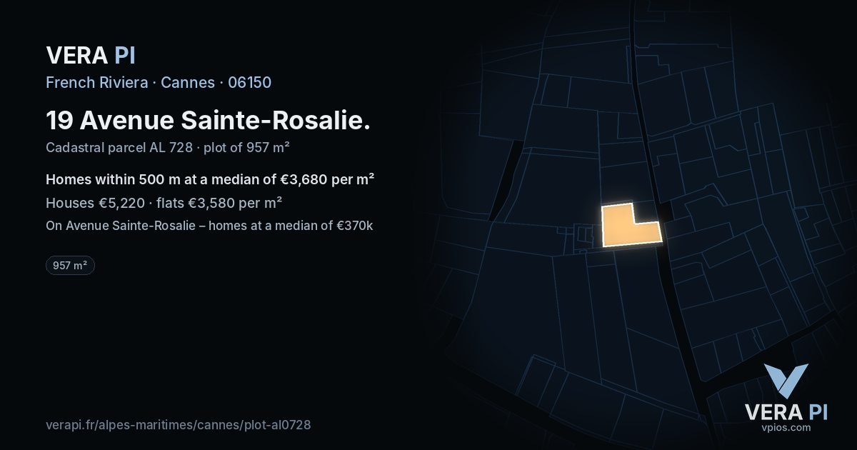 19 Avenue Sainte-Rosalie, Cannes at night – the plot lit, the parcels around coloured by the prices near them