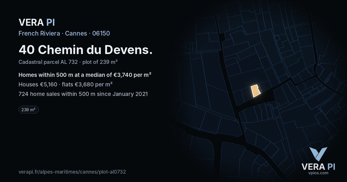 40 Chemin du Devens, Cannes at night – the plot lit, the parcels around coloured by the prices near them