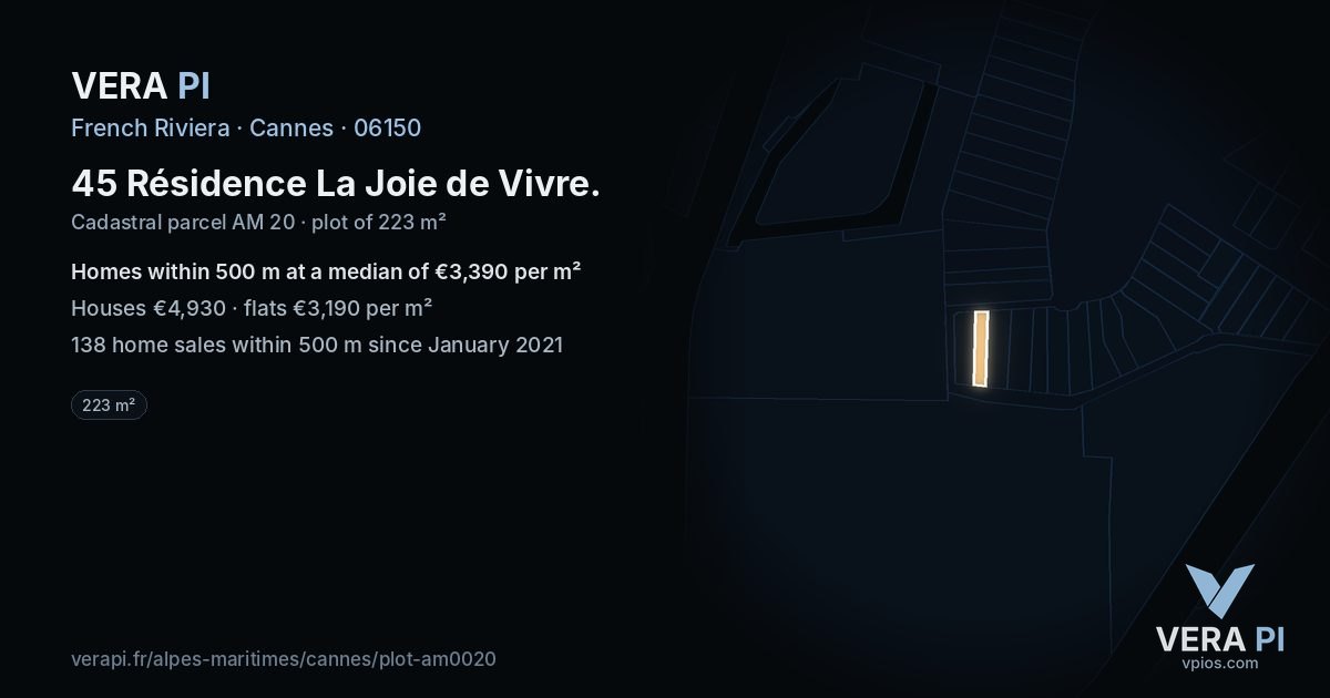 45 Résidence La Joie de Vivre, Cannes at night – the plot lit, the parcels around coloured by the prices near them