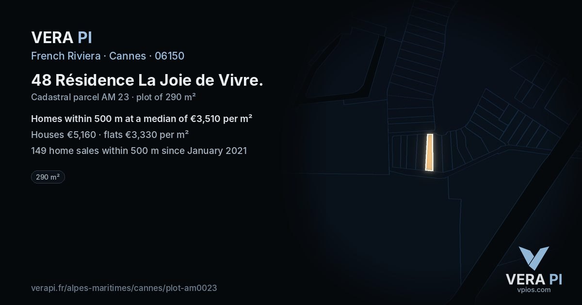 48 Résidence La Joie de Vivre, Cannes at night – the plot lit, the parcels around coloured by the prices near them