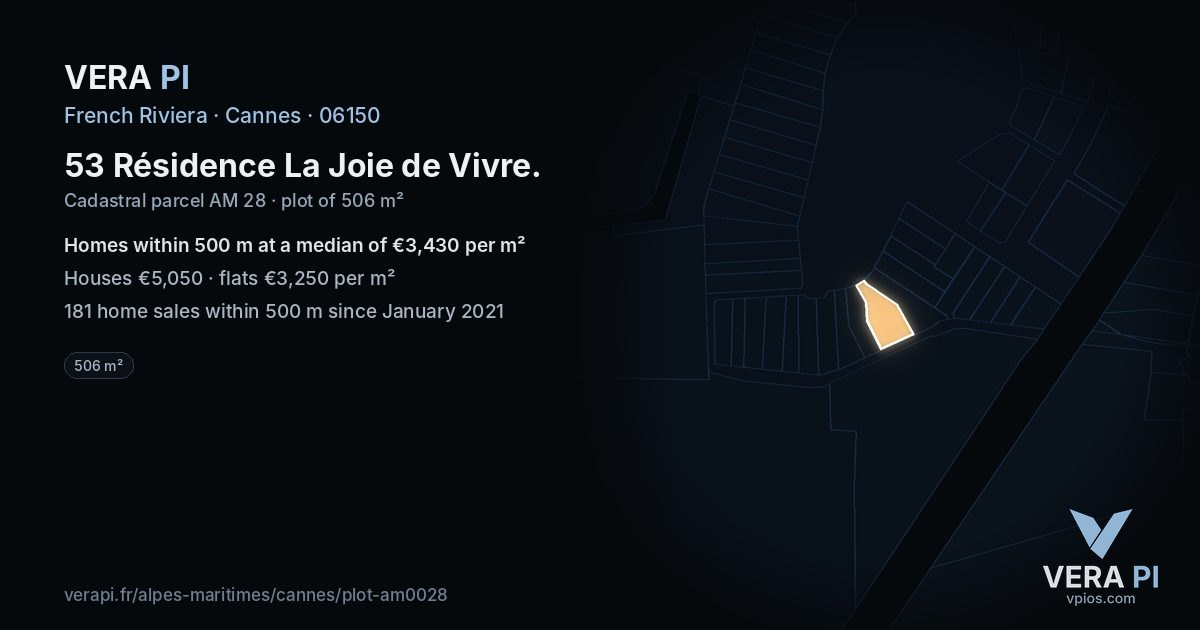 53 Résidence La Joie de Vivre, Cannes at night – the plot lit, the parcels around coloured by the prices near them