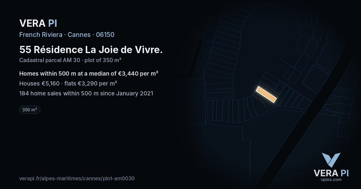 55 Résidence La Joie de Vivre, Cannes at night – the plot lit, the parcels around coloured by the prices near them