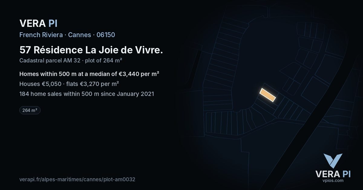 57 Résidence La Joie de Vivre, Cannes at night – the plot lit, the parcels around coloured by the prices near them