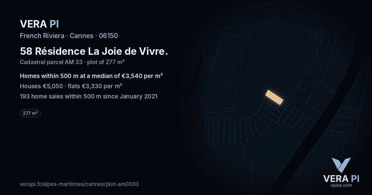 58 Résidence La Joie de Vivre, Cannes at night – the plot lit, the parcels around coloured by the prices near them