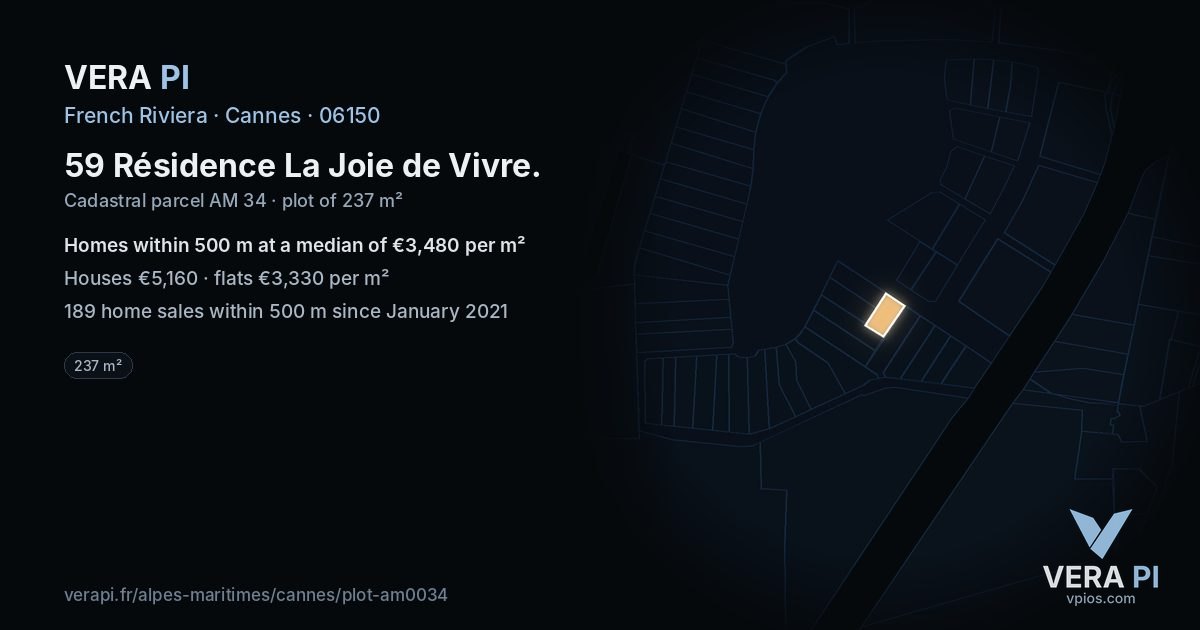 59 Résidence La Joie de Vivre, Cannes at night – the plot lit, the parcels around coloured by the prices near them