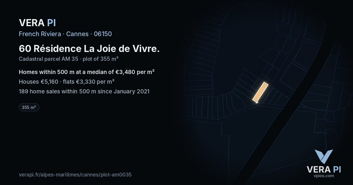 60 Résidence La Joie de Vivre, Cannes at night – the plot lit, the parcels around coloured by the prices near them