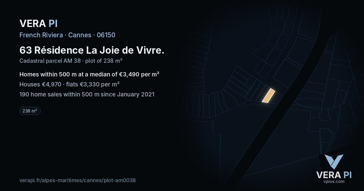 63 Résidence La Joie de Vivre, Cannes at night – the plot lit, the parcels around coloured by the prices near them