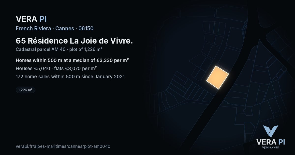65 Résidence La Joie de Vivre, Cannes at night – the plot lit, the parcels around coloured by the prices near them