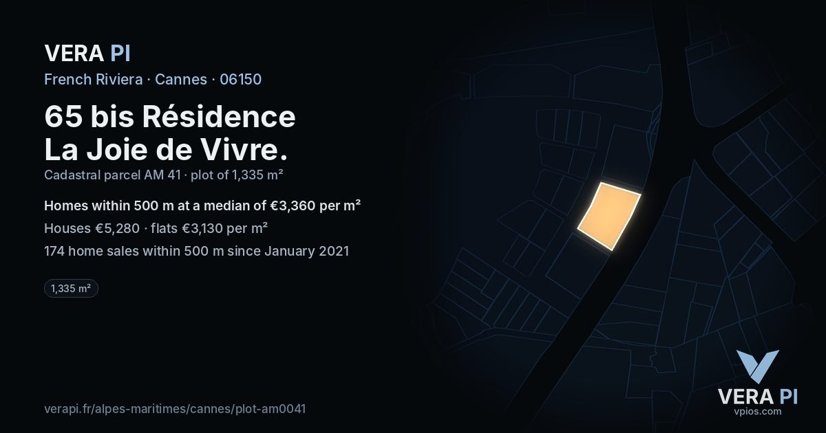 65 bis Résidence La Joie de Vivre, Cannes at night – the plot lit, the parcels around coloured by the prices near them