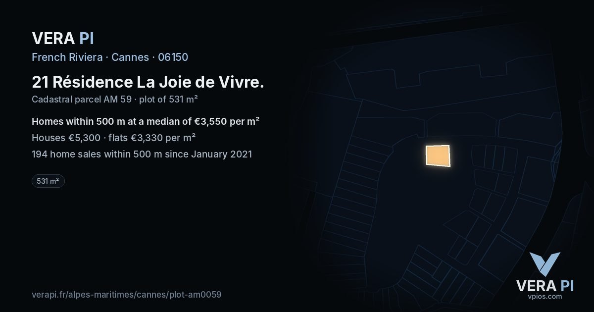 21 Résidence La Joie de Vivre, Cannes at night – the plot lit, the parcels around coloured by the prices near them
