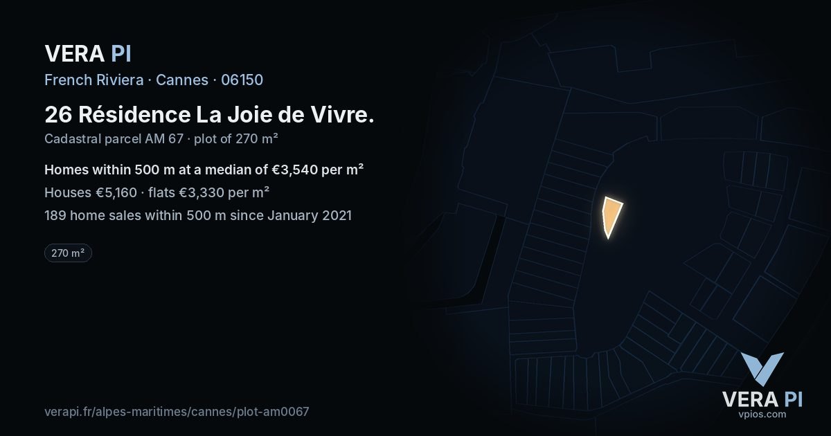 26 Résidence La Joie de Vivre, Cannes at night – the plot lit, the parcels around coloured by the prices near them