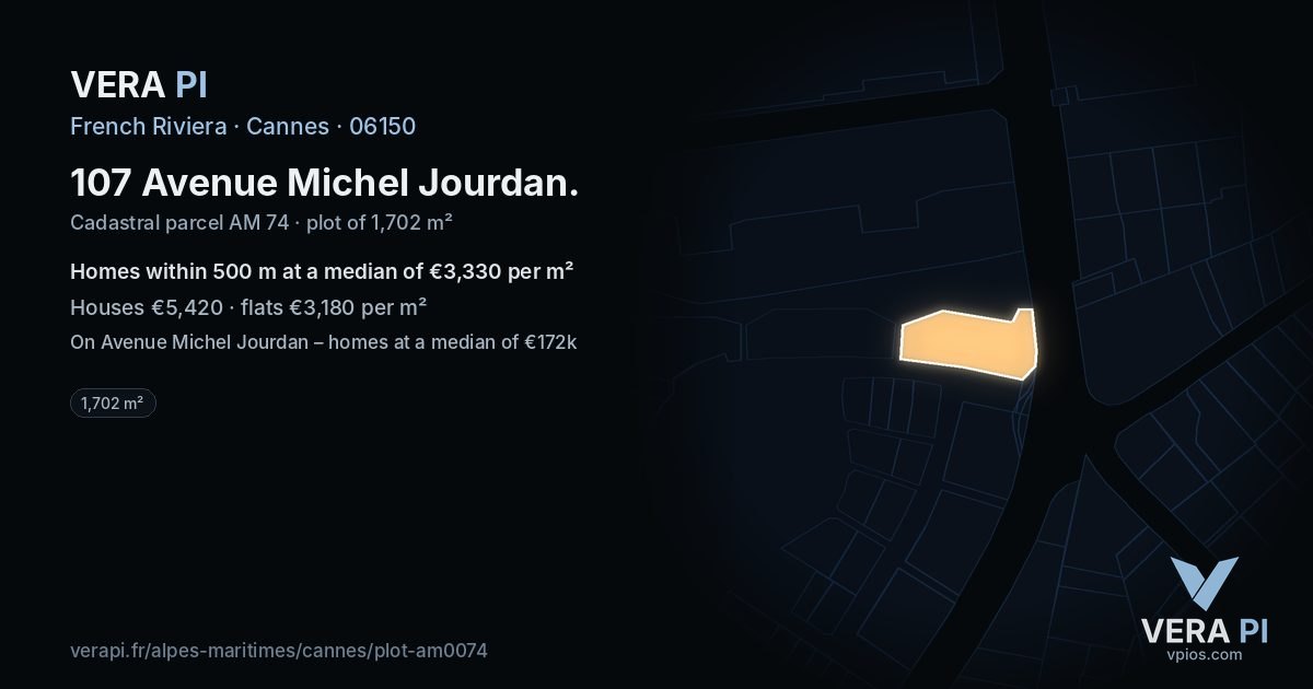 107 Avenue Michel Jourdan, Cannes at night – the plot lit, the parcels around coloured by the prices near them