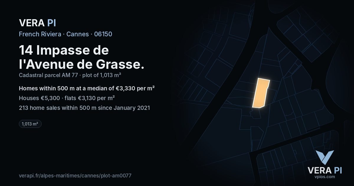 14 Impasse de l'Avenue de Grasse, Cannes at night – the plot lit, the parcels around coloured by the prices near them