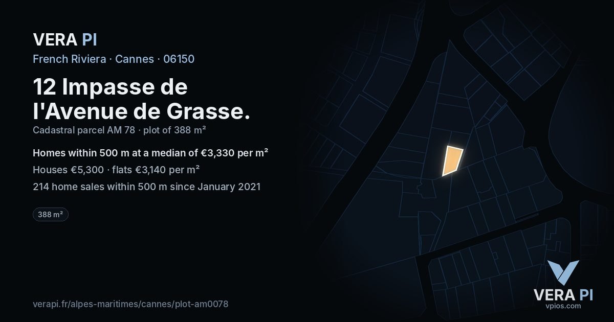 12 Impasse de l'Avenue de Grasse, Cannes at night – the plot lit, the parcels around coloured by the prices near them