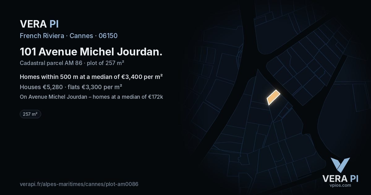 101 Avenue Michel Jourdan, Cannes at night – the plot lit, the parcels around coloured by the prices near them