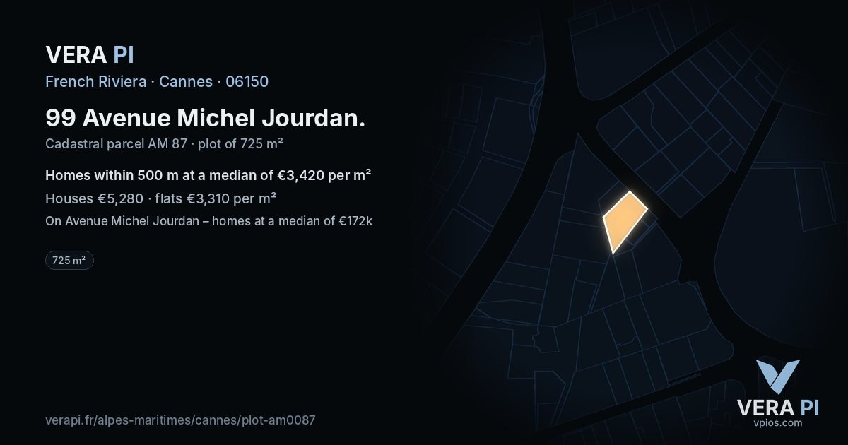 99 Avenue Michel Jourdan, Cannes at night – the plot lit, the parcels around coloured by the prices near them