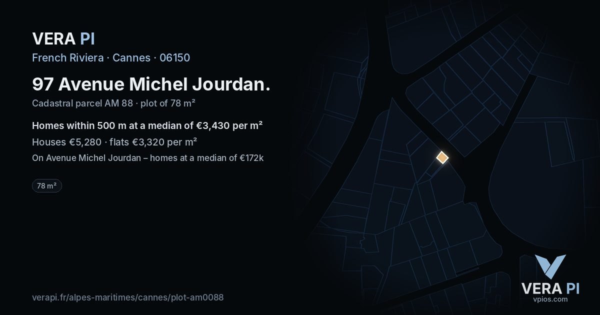 97 Avenue Michel Jourdan, Cannes at night – the plot lit, the parcels around coloured by the prices near them