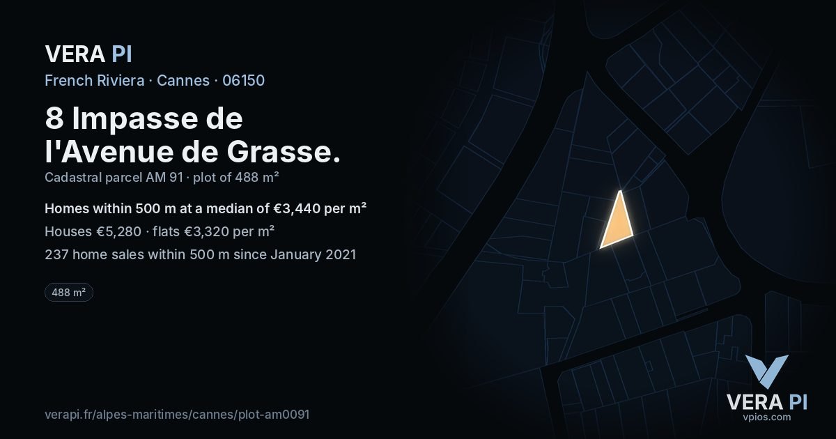 8 Impasse de l'Avenue de Grasse, Cannes at night – the plot lit, the parcels around coloured by the prices near them