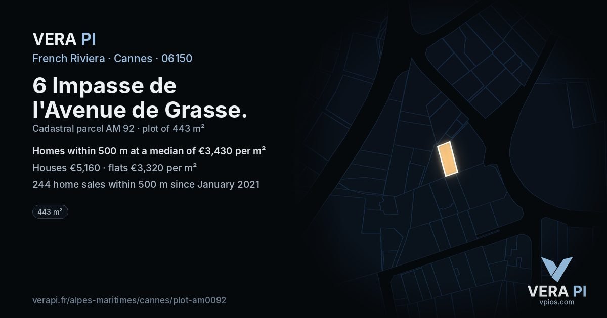 6 Impasse de l'Avenue de Grasse, Cannes at night – the plot lit, the parcels around coloured by the prices near them