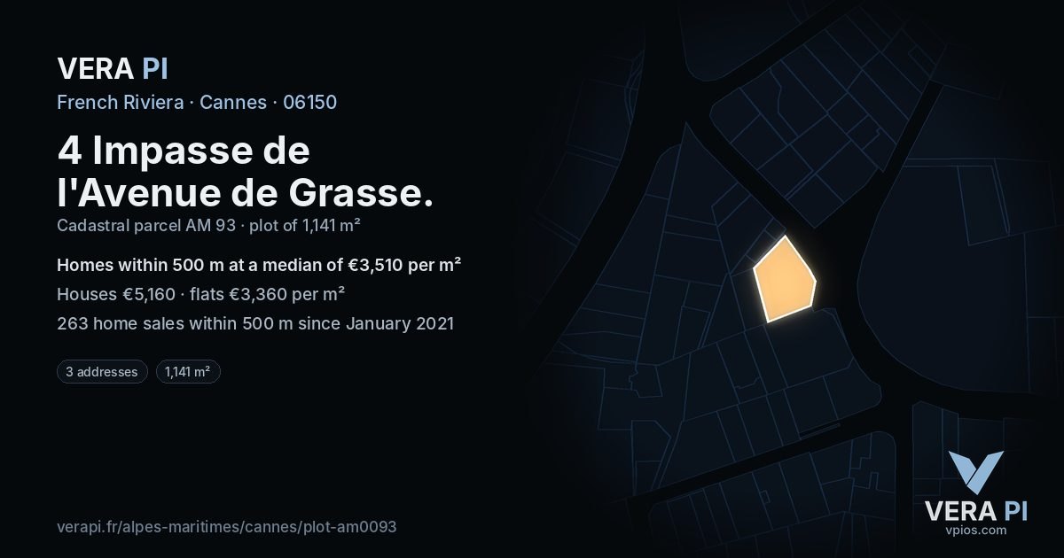 4 Impasse de l'Avenue de Grasse, Cannes at night – the plot lit, the parcels around coloured by the prices near them