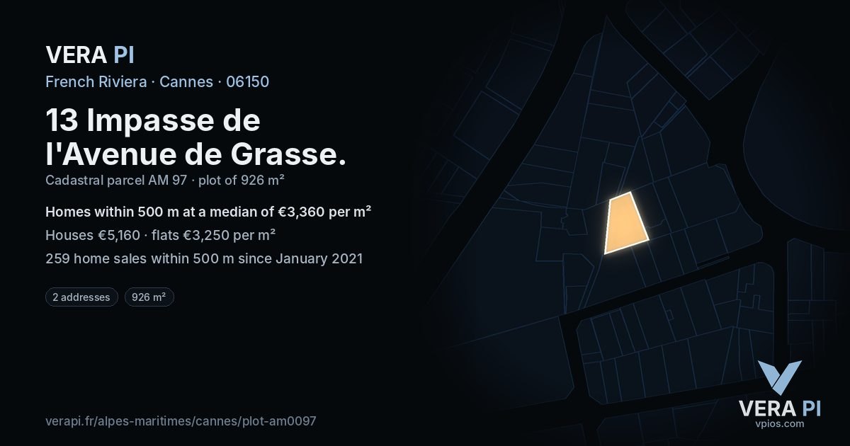 13 Impasse de l'Avenue de Grasse, Cannes at night – the plot lit, the parcels around coloured by the prices near them