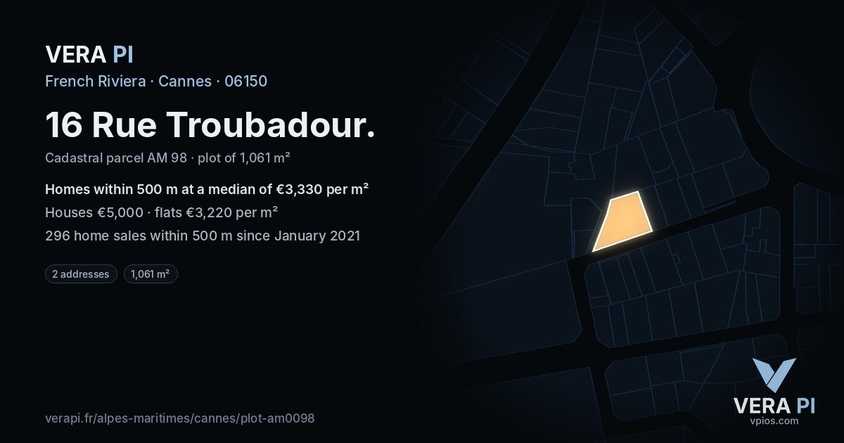 16 Rue Troubadour, Cannes at night – the plot lit, the parcels around coloured by the prices near them