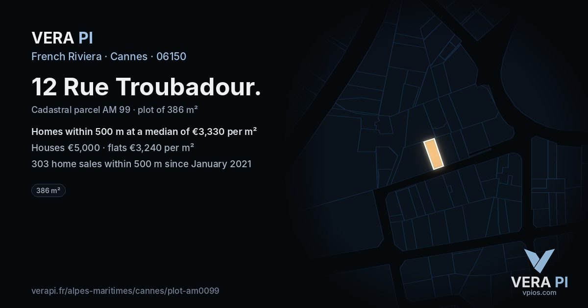 12 Rue Troubadour, Cannes at night – the plot lit, the parcels around coloured by the prices near them