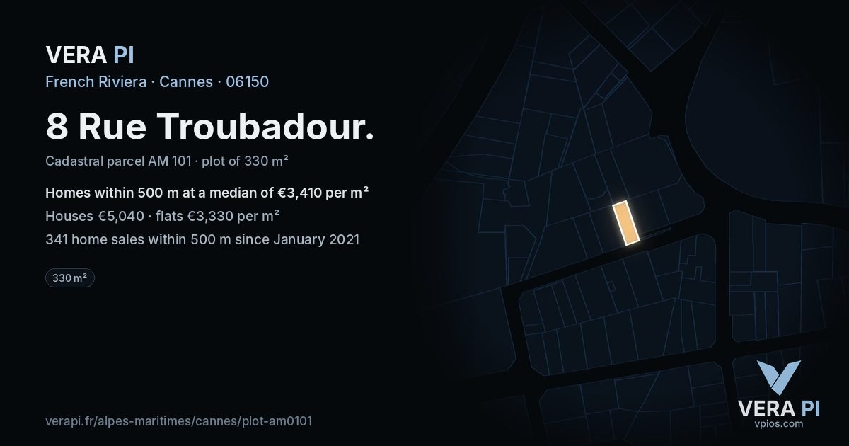 8 Rue Troubadour, Cannes at night – the plot lit, the parcels around coloured by the prices near them